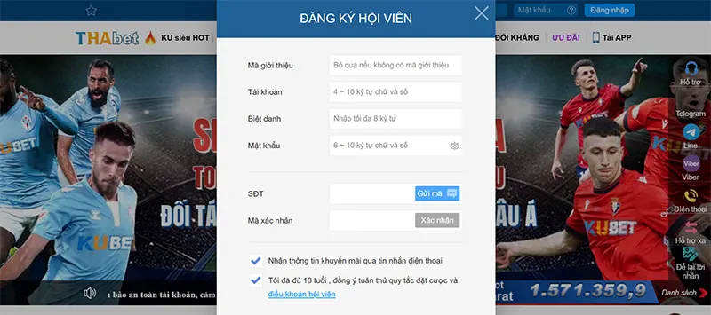 Giao diện đăng ký Thabet